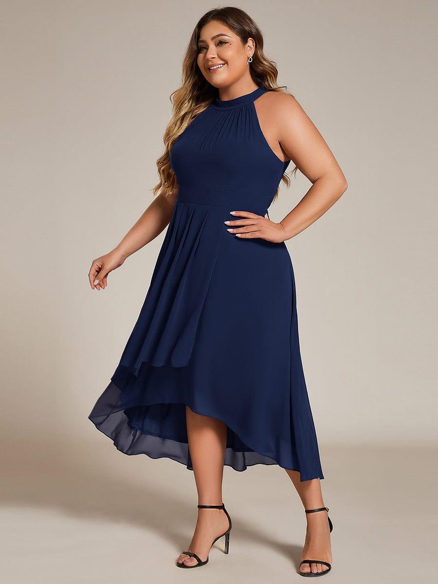 Flowy Plus Size Halter Neck Chiffon Midi Wedding Guest Dress #color_Navy Blue