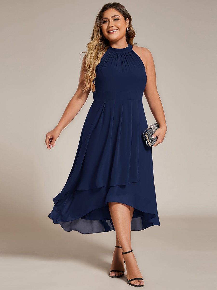 Flowy Plus Size Halter Neck Chiffon Midi Wedding Guest Dress #color_Navy Blue