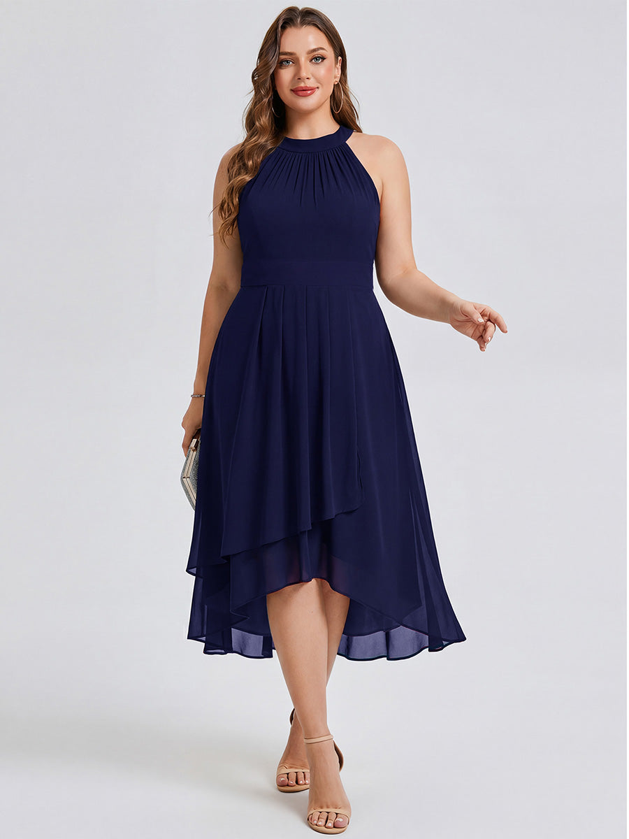 Flowy Plus Size Halter Neck Chiffon Midi Wedding Guest Dress #color_Navy Blue