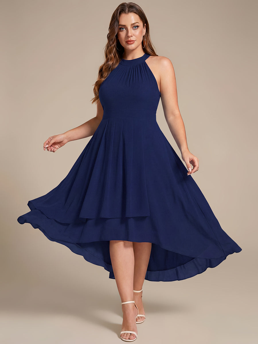 Flowy Plus Size Halter Neck Chiffon Midi Wedding Guest Dress #color_Navy Blue