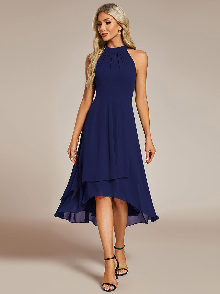 Gathered Chiffon Sleeveless Wedding Guest Dress #color_Navy Blue