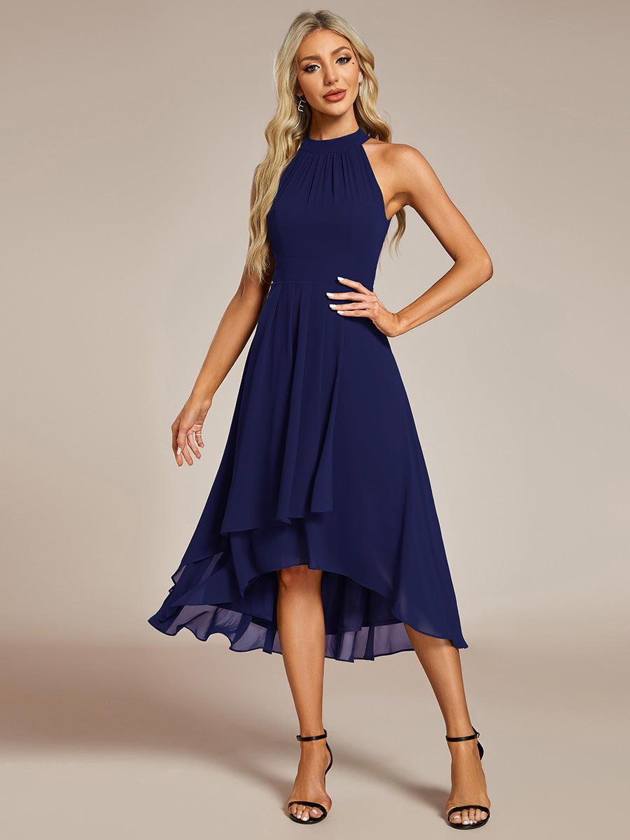Gathered Chiffon Sleeveless Wedding Guest Dress #color_Navy Blue