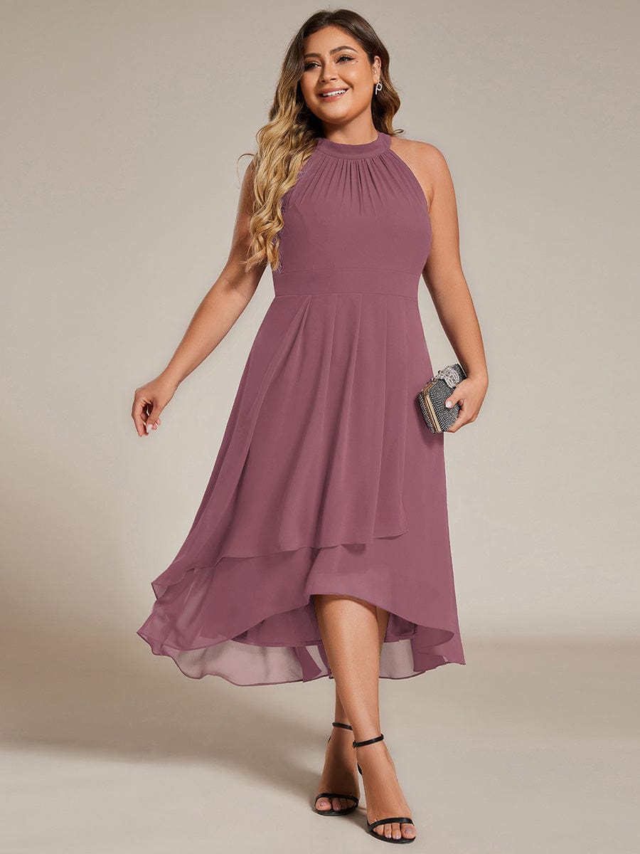 Midi Halter Neck Chiffon Wedding Guest Dress with Sleeveless and A-Line #color_Purple Orchid
