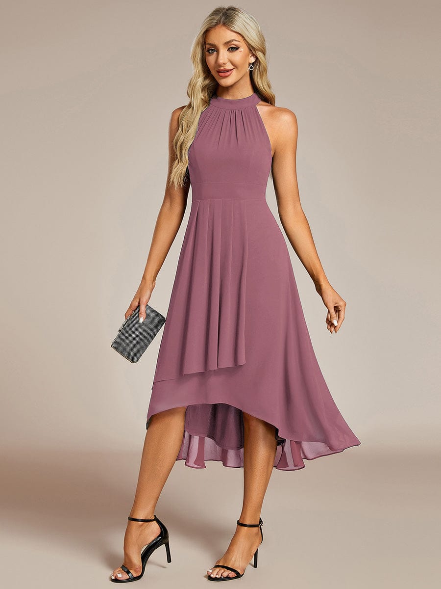 Midi Halter Neck Chiffon Wedding Guest Dress with Sleeveless and A-Line #color_Purple Orchid