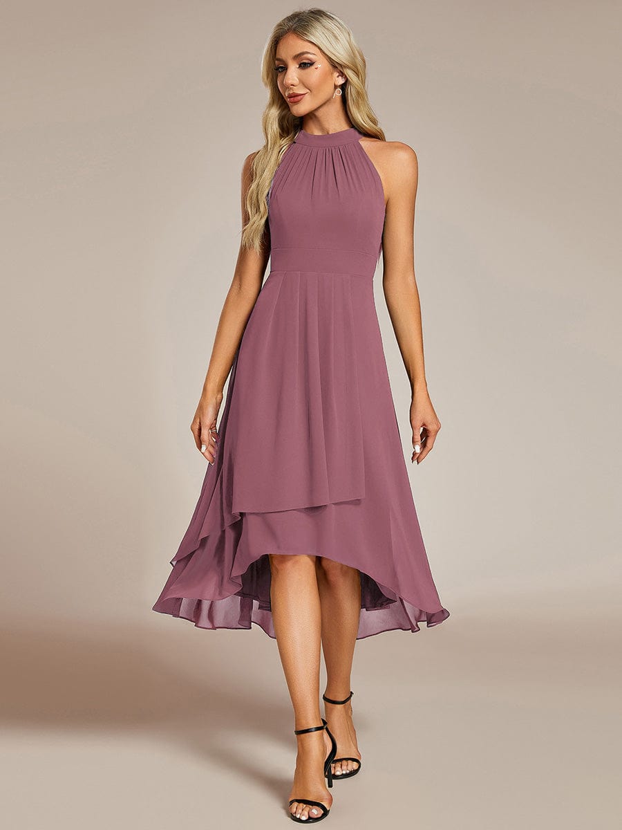 Midi Halter Neck Chiffon Wedding Guest Dress with Sleeveless and A-Line #color_Purple Orchid