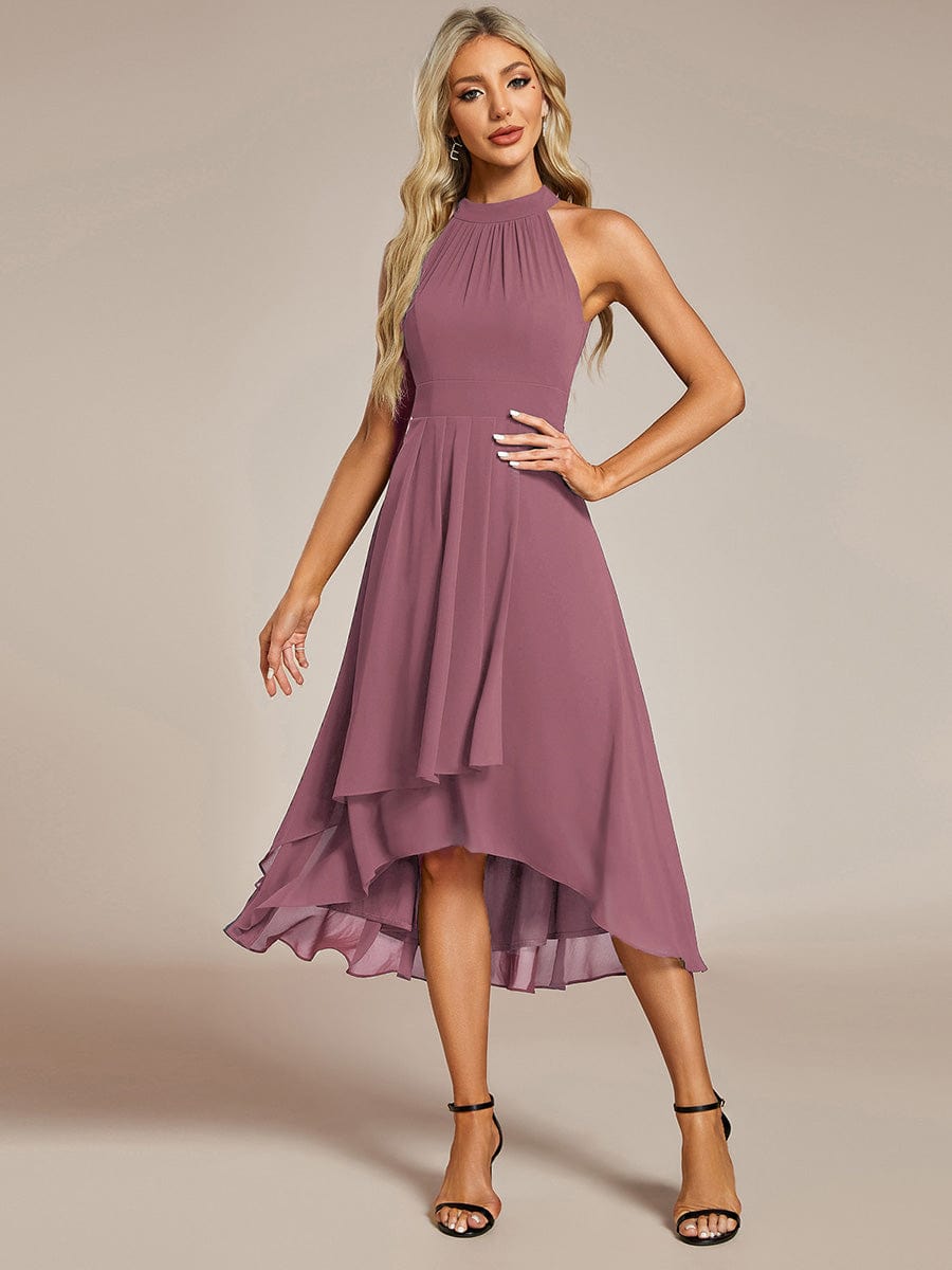 Midi Halter Neck Chiffon Wedding Guest Dress with Sleeveless and A-Line #color_Purple Orchid
