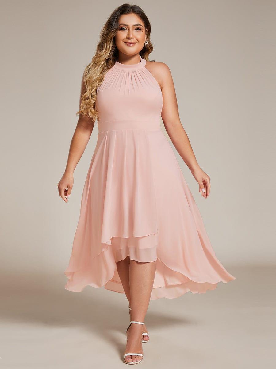 Flowy Plus Size Halter Neck Chiffon Midi Wedding Guest Dress #color_Pink