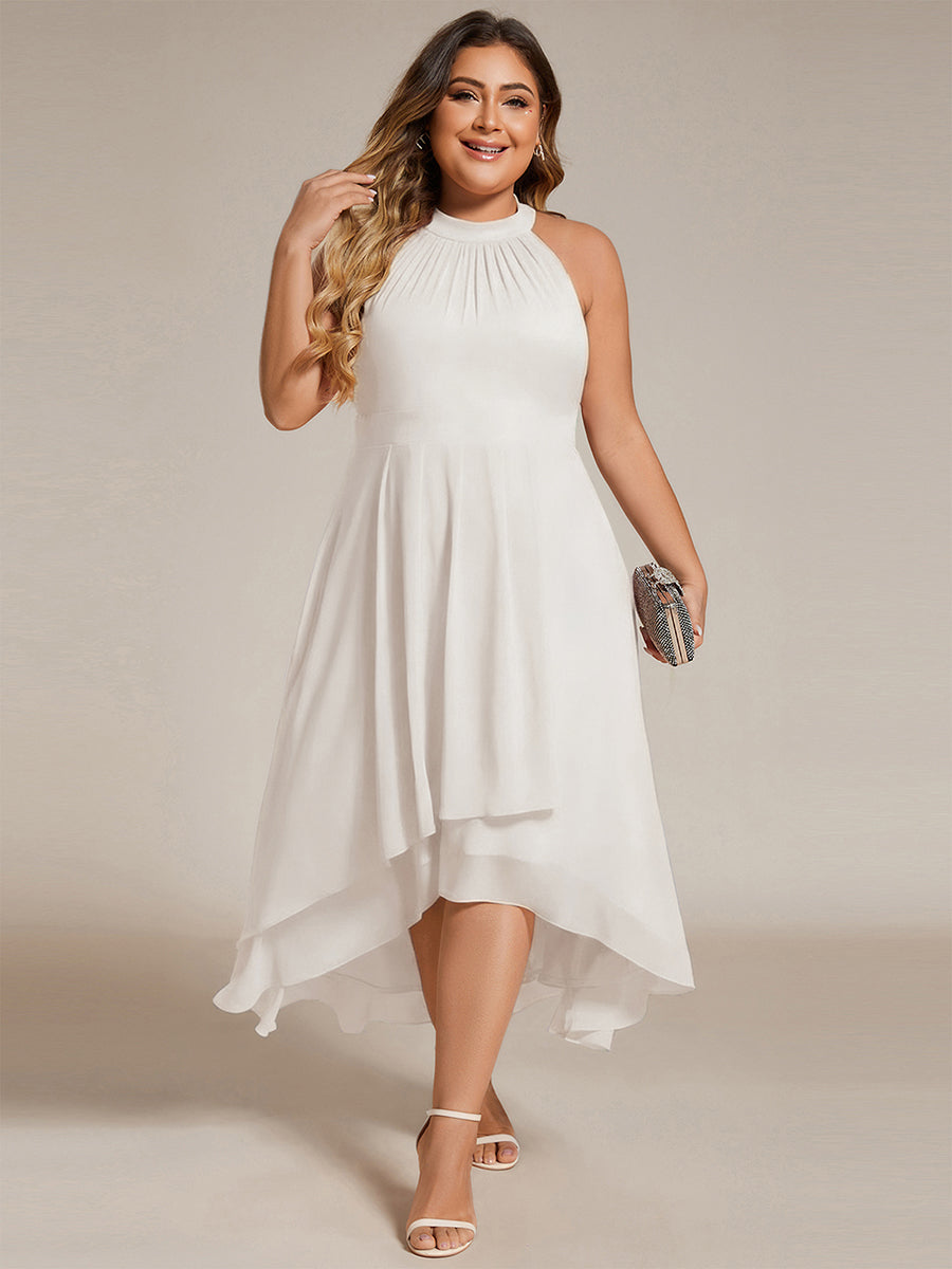 Midi Halter Neck Chiffon Wedding Guest Dress with Sleeveless and A-Line #color_White
