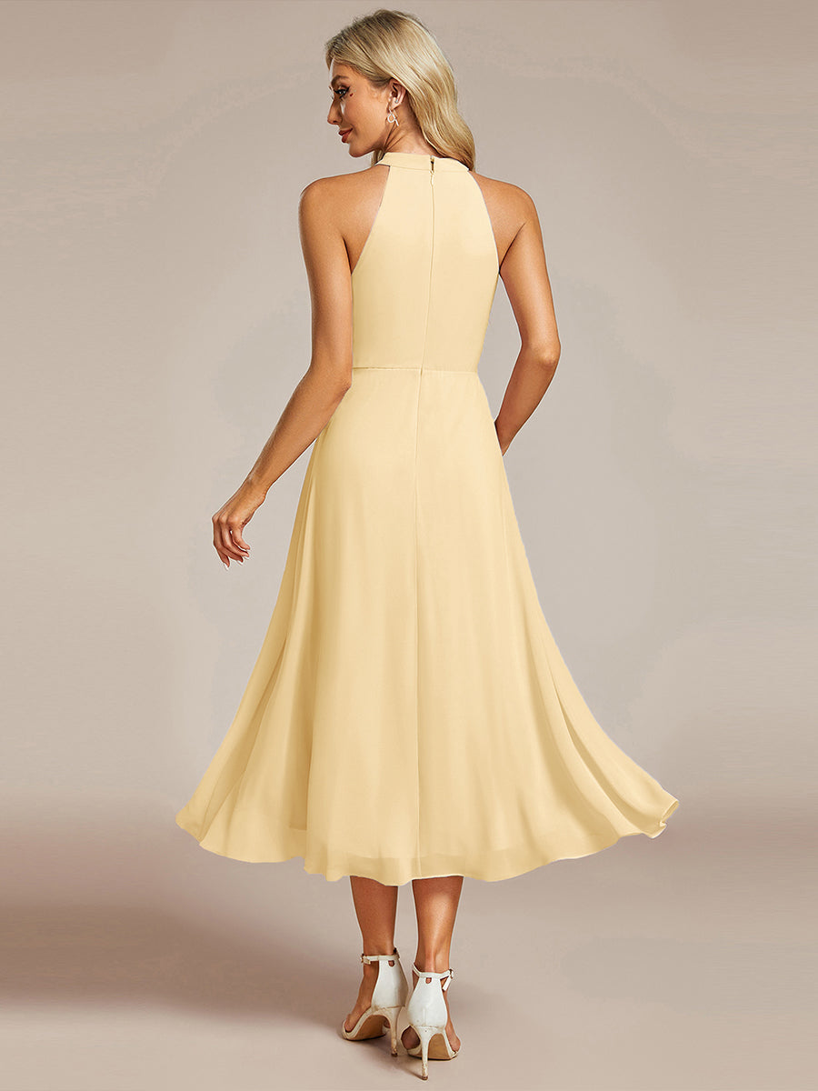 Midi Halter Neck Chiffon Wedding Guest Dress with Sleeveless and A-Line #color_Yellow