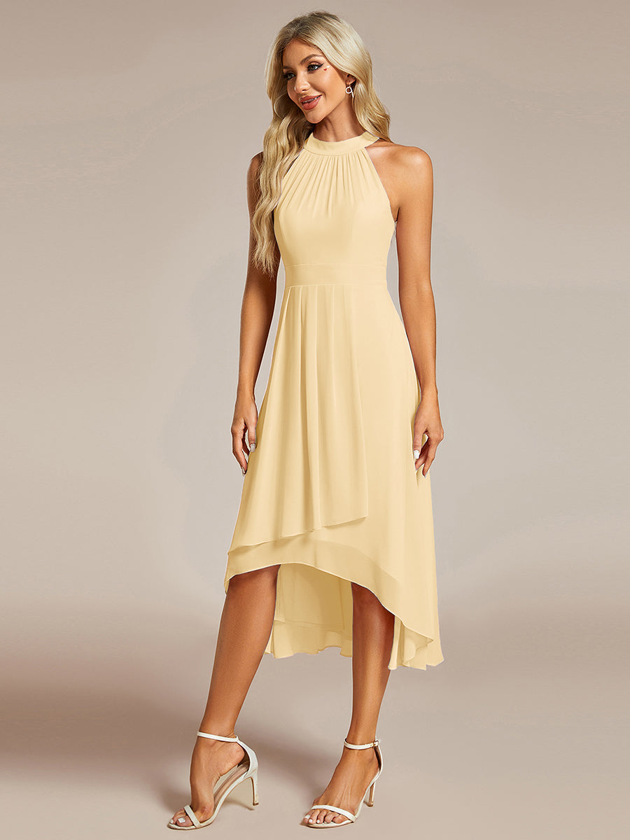 Midi Halter Neck Chiffon Wedding Guest Dress with Sleeveless and A-Line #color_Yellow