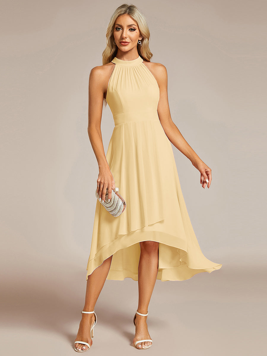 Midi Halter Neck Chiffon Wedding Guest Dress with Sleeveless and A-Line #color_Yellow