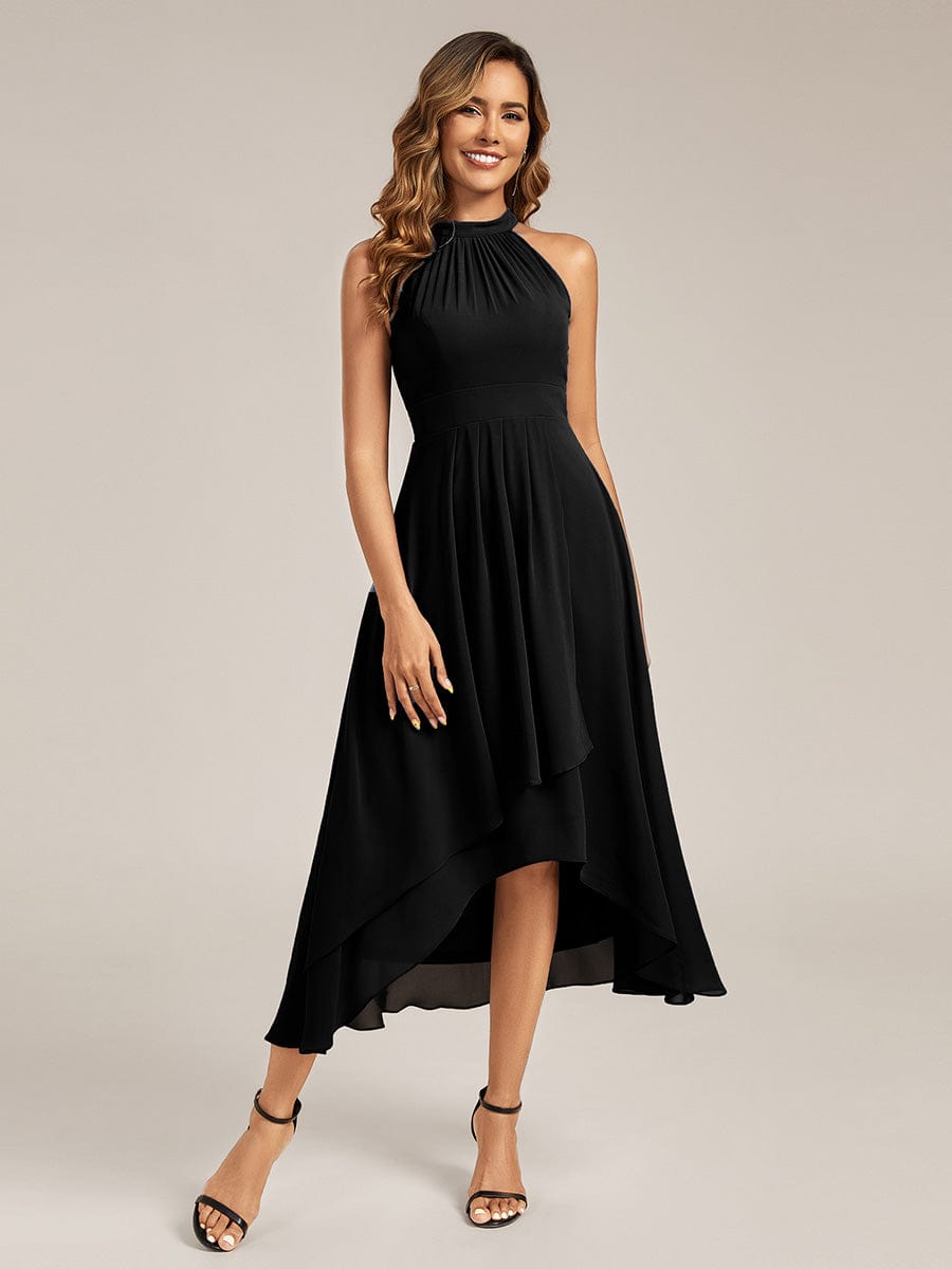 Pleated Chiffon Sleeveless A-Line Dress #color_Black