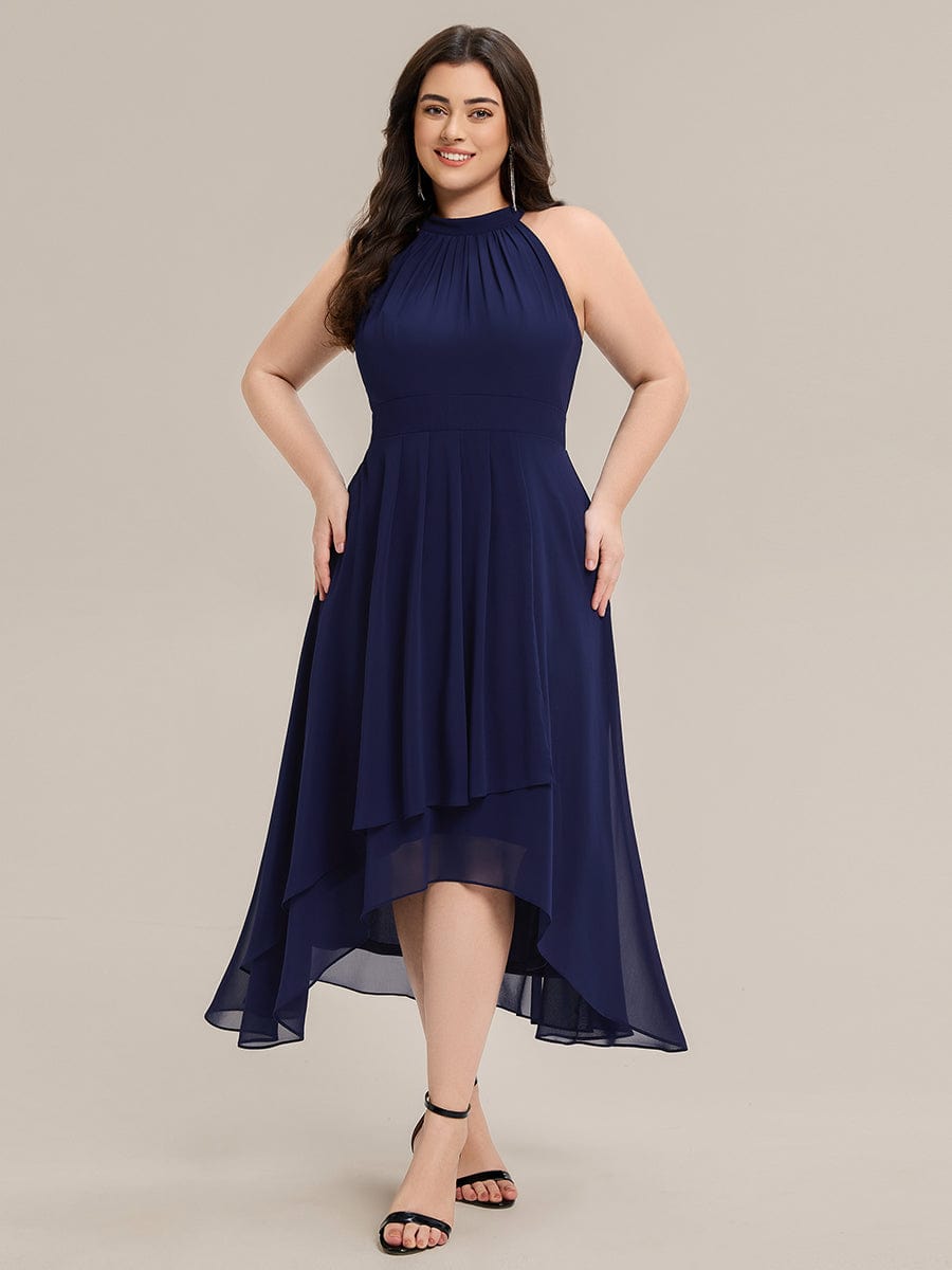 Pleated Chiffon Sleeveless A-Line Dress #color_Navy Blue