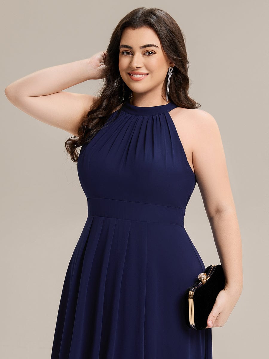 Pleated Chiffon Sleeveless A-Line Dress #color_Navy Blue