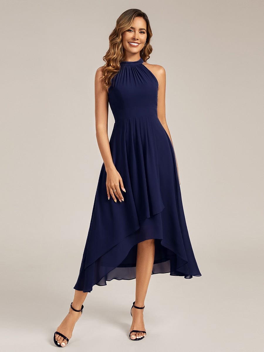 Pleated Chiffon Sleeveless A-Line Dress #color_Navy Blue