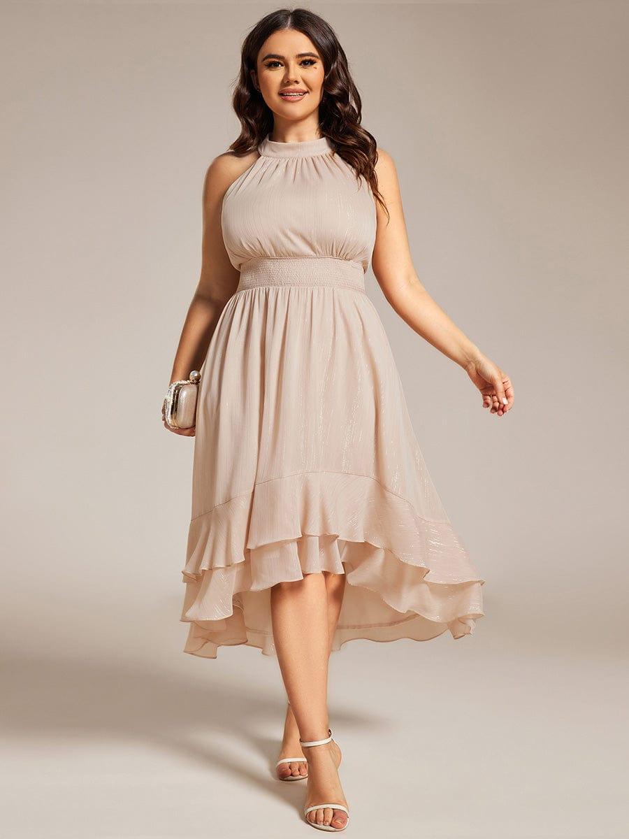 Sparkly High-Low Ruffle Halter Neck Wedding Guest Dress with Pleating #color_Champagne