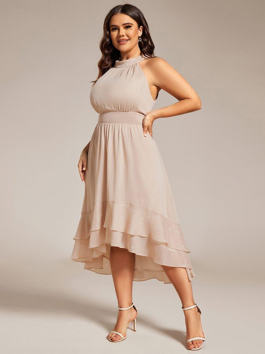 Plus Size Glittery Sleeveless Halter Neck Midi Wedding Guest Dress #color_Champagne