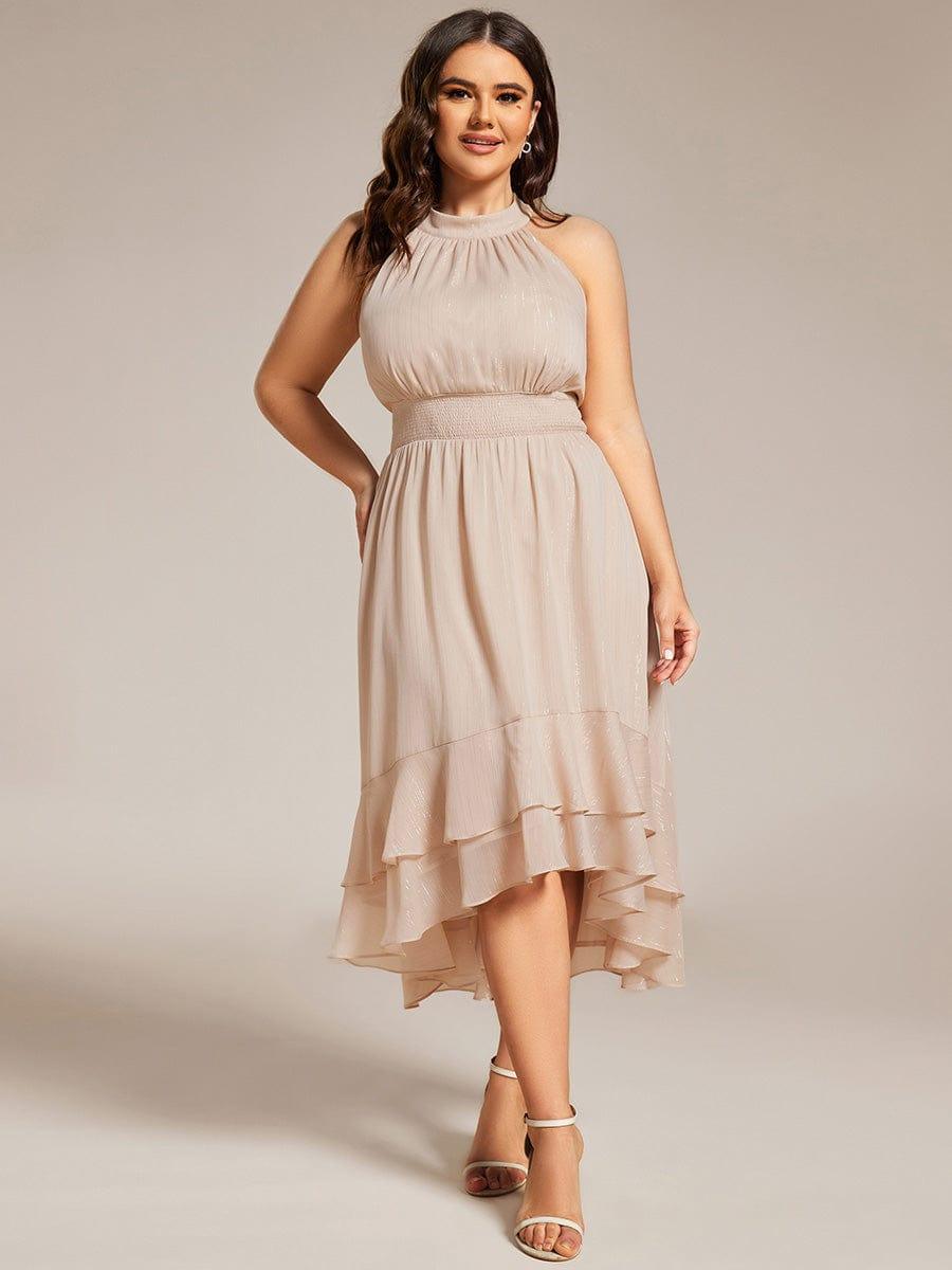 Plus Size Glittery Sleeveless Halter Neck Midi Wedding Guest Dress #color_Champagne