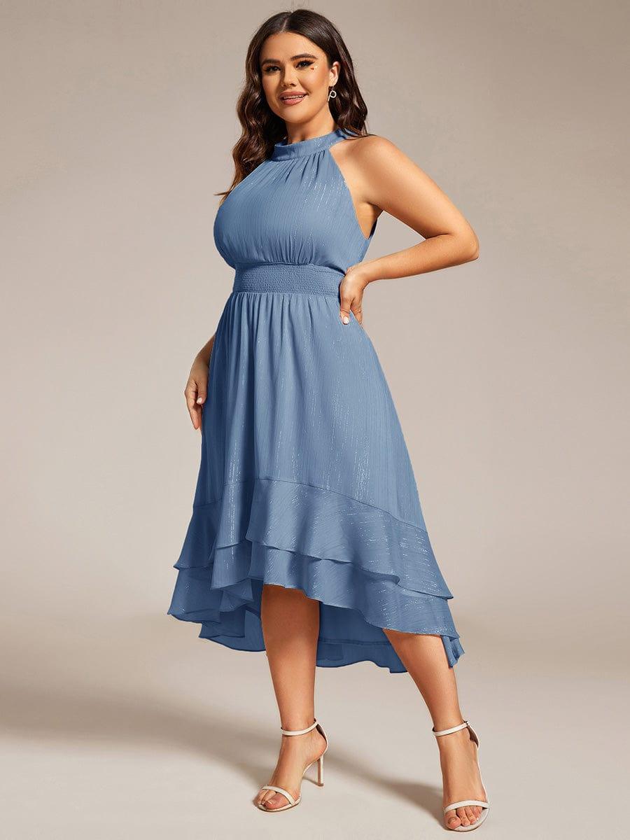 Plus Size Glittery Sleeveless Halter Neck Midi Wedding Guest Dress #color_Dusty Blue