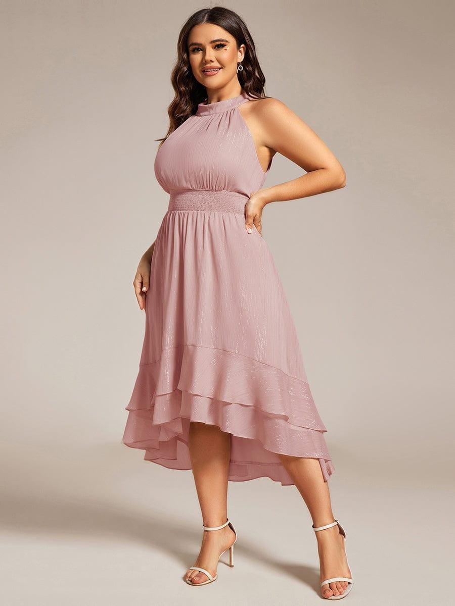 Plus Size Glittery Sleeveless Halter Neck Midi Wedding Guest Dress #color_Dusty Rose