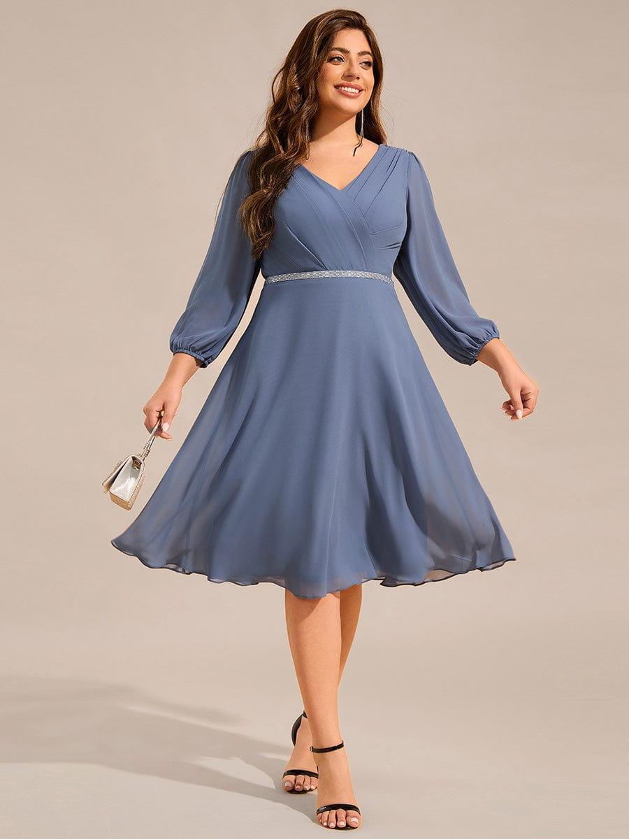 Plus Size Long Sleeve Midi A-Line Wedding Guest Dress with Waist Chain #color_Dusty Blue