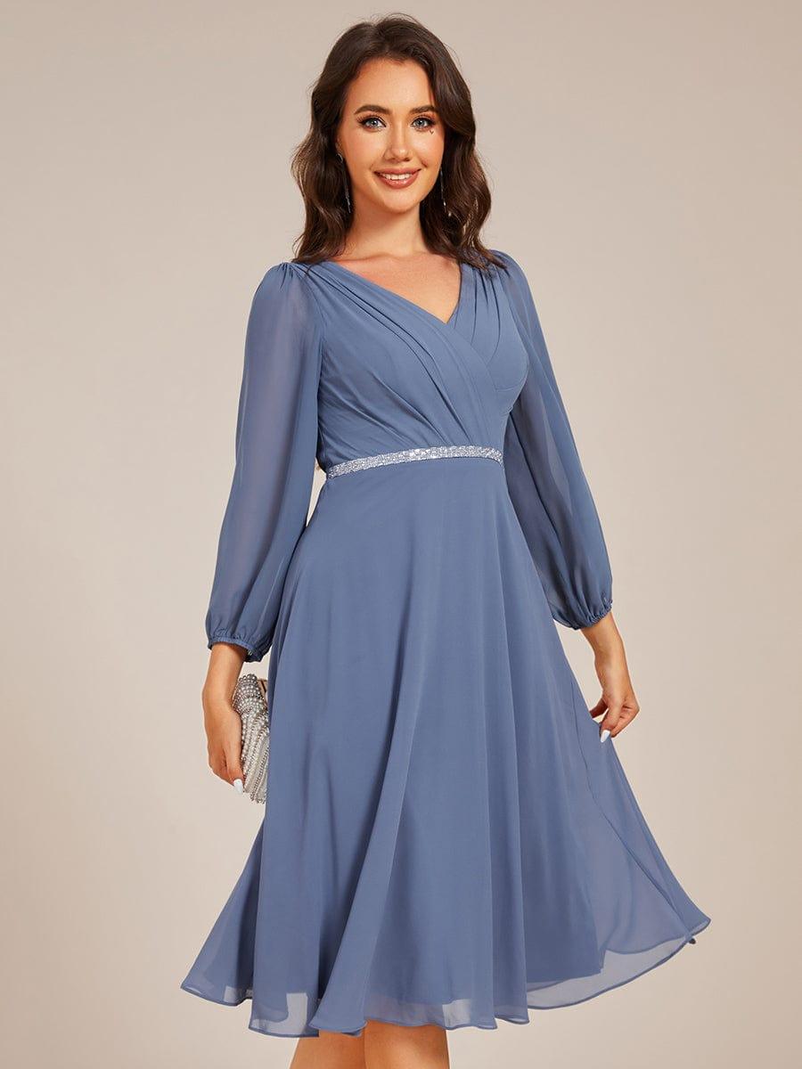 Pleated A-Line Long Sleeve Midi Chiffon Wedding Guest Dress #color_Dusty Blue