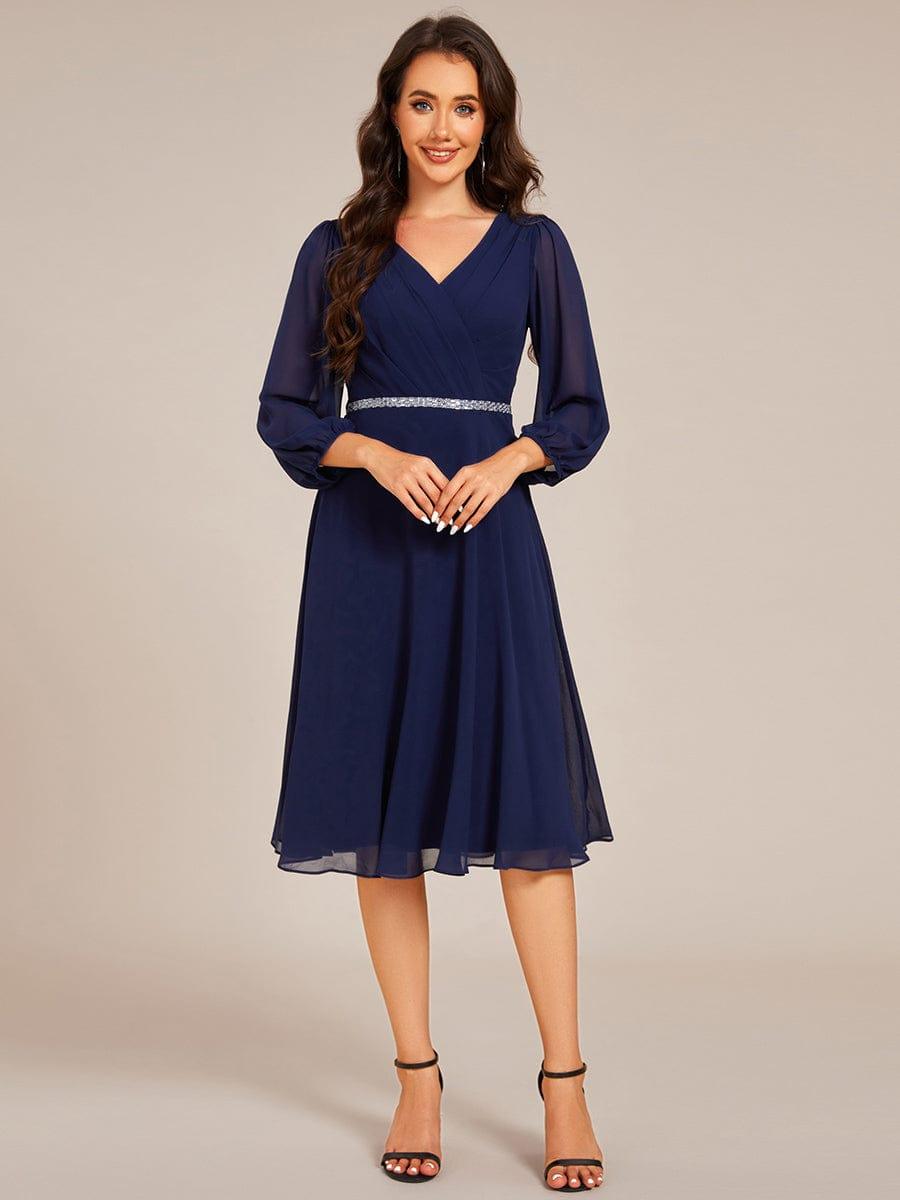 Elegant Pleated A-Line Long Sleeve Chiffon Midi Dress for Wedding