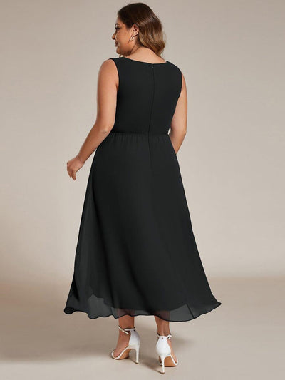 Sleeveless V-Neck High Low Plus Size Wedding Guest Dress with Floral Applique #color_Black