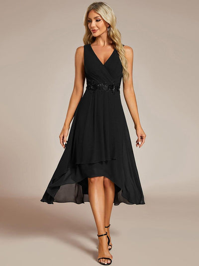 ever IRYS|Sleeveless V-Neck High Low Wedding Guest Dress with Floral Applique