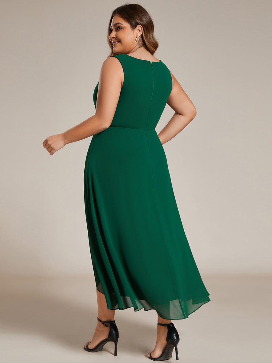 Sleeveless V-Neck High Low Plus Size Wedding Guest Dress with Floral Applique #color_Dark Green
