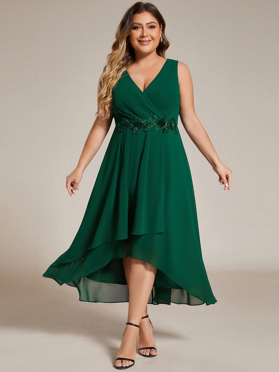 Sleeveless V-Neck High Low Plus Size Wedding Guest Dress with Floral Applique #color_Dark Green