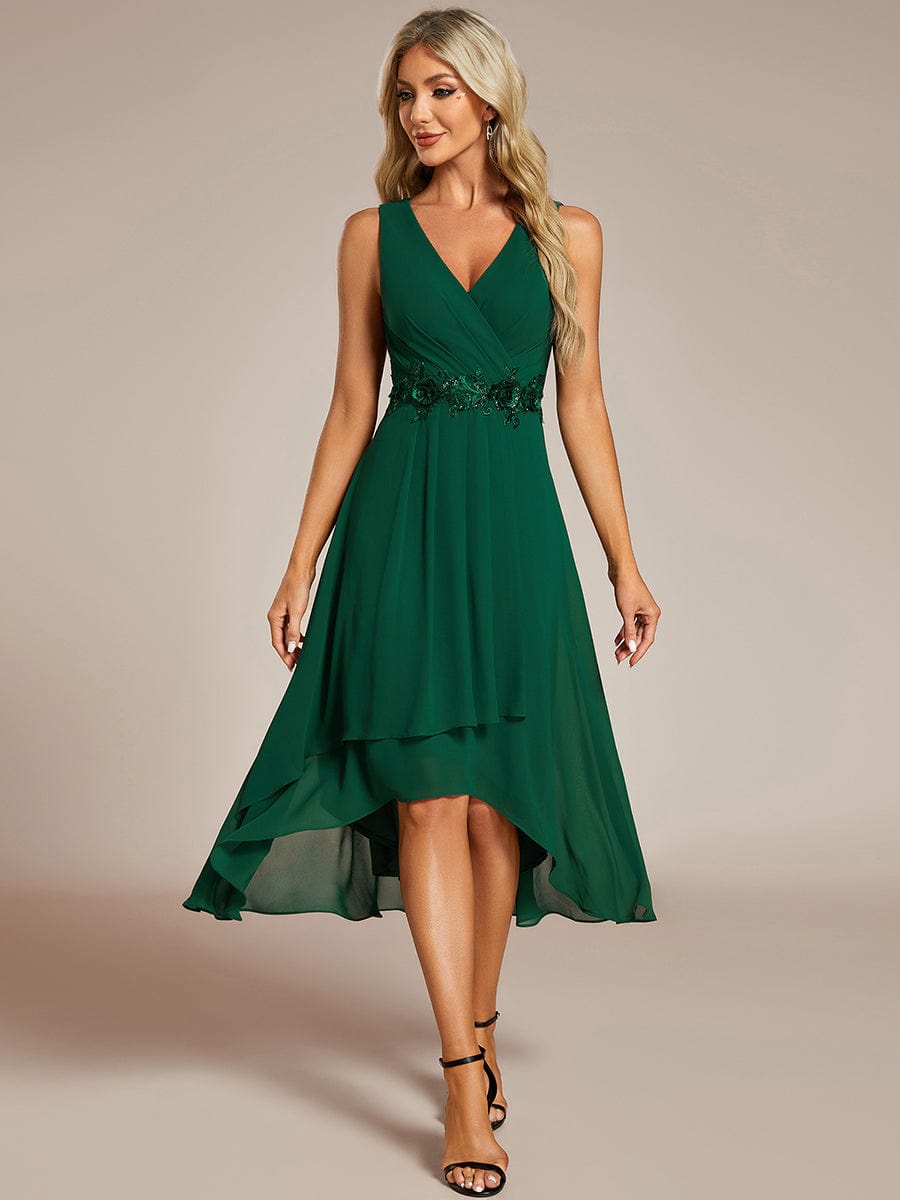 Sleeveless V-Neck High Low Wedding Guest Dress with Floral Applique