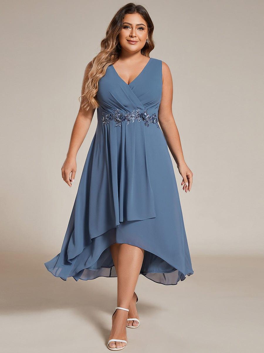 Sleeveless V-Neck High Low Wedding Guest Dress with Floral Applique #color_Dusty Blue