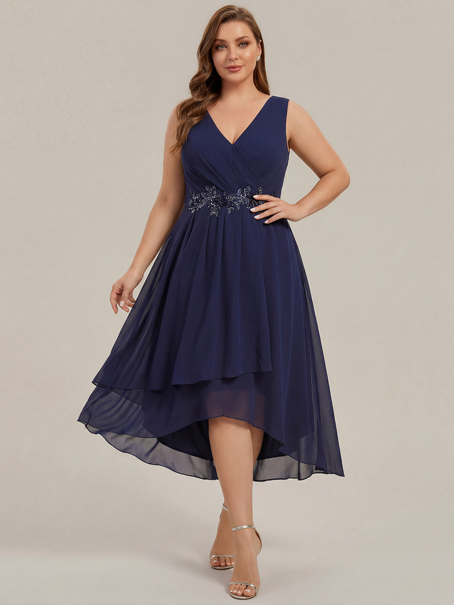 Sleeveless V-Neck High Low Wedding Guest Dress with Floral Applique #color_Navy Blue