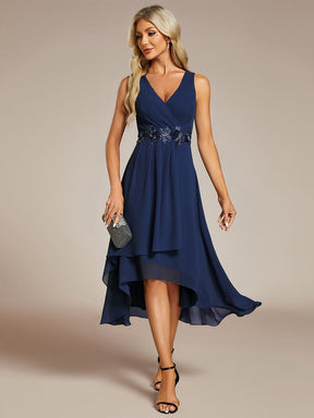 Sleeveless V-Neck High Low Wedding Guest Dress with Floral Applique