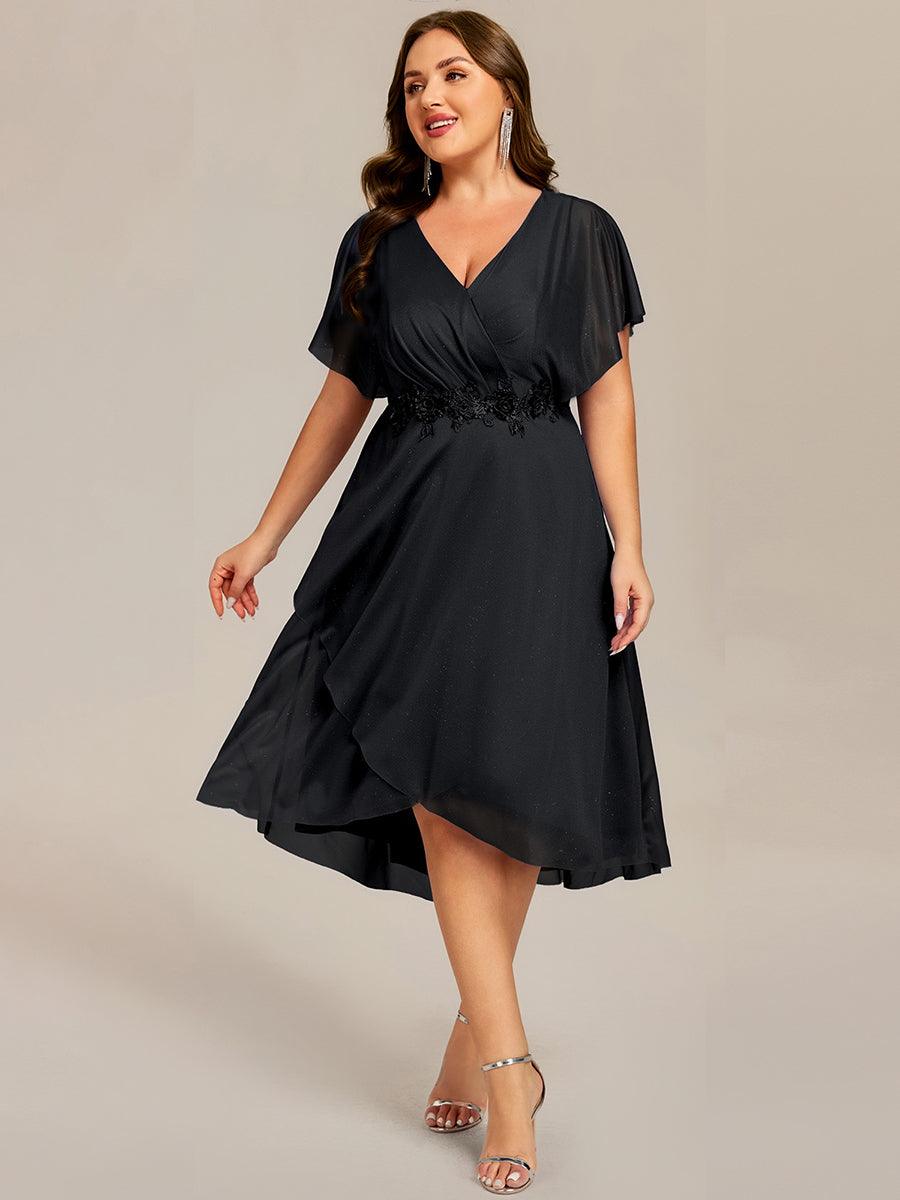 Short Sleeve V-Neck Asymmetrical Midi Wedding Guest Dresses #color_Black
