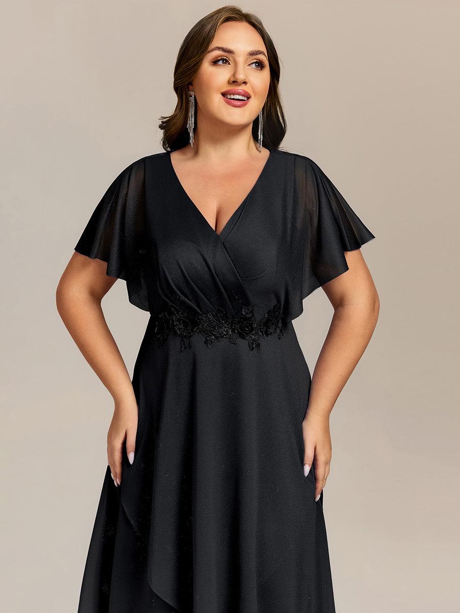 Short Sleeve V-Neck Asymmetrical Midi Wedding Guest Dresses #color_Black