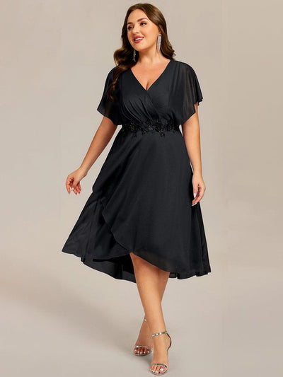 pretty DANNA|Plus Size Short Sleeve Asymmetrical Hem V-Neck Applique Wedding Guest Dress