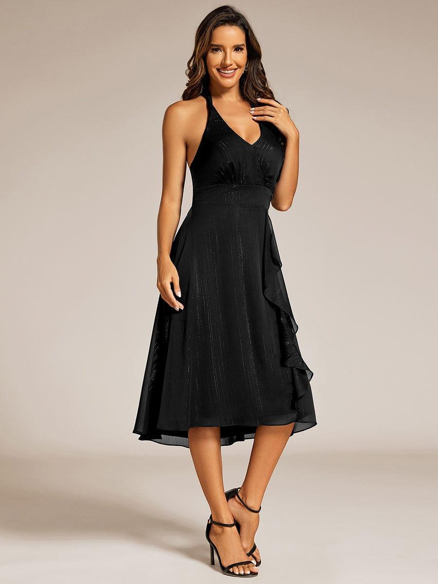 Chic V-Neck Halter Bow High-Waist Sleeveless Lotus Leaf Wedding Guest Dress