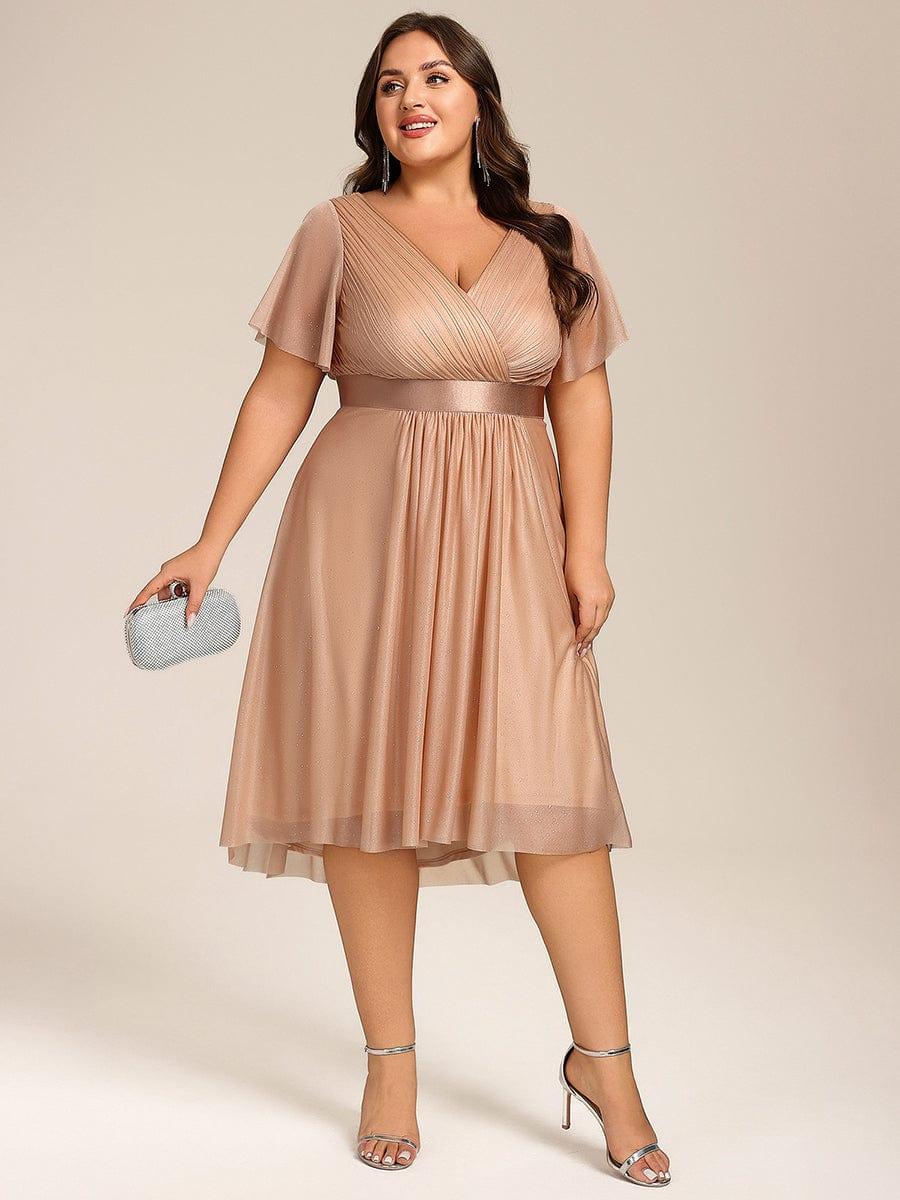 Short Sleeve V-Neck Pleated Glitter Midi Wedding Guest Dress #color_Rose Gold