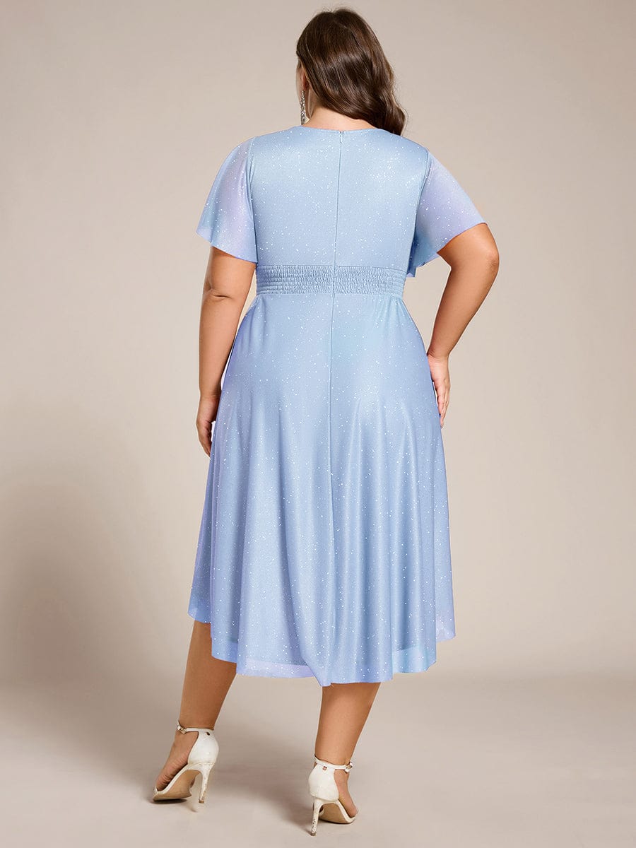 Plus Size Sequin Round Neck Asymmetrical Midi Wedding Guest Dress #color_Ice Blue