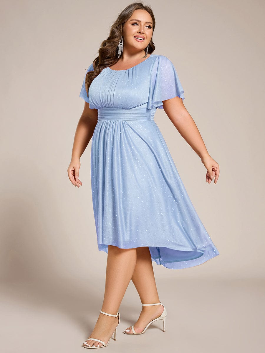 Short Sleeves Round Neck Asymmetrical Midi Wedding Guest Dress #color_Ice Blue