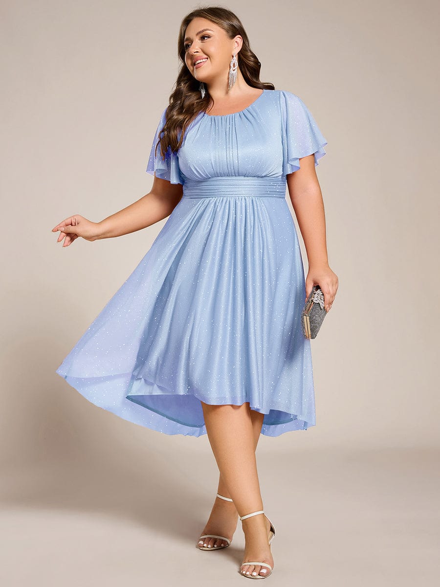 Short Sleeves Round Neck Asymmetrical Midi Wedding Guest Dress #color_Ice Blue