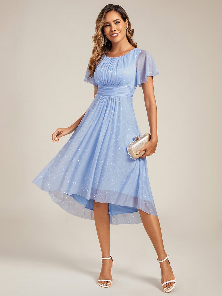Short Sleeves Round Neck Asymmetrical Midi Wedding Guest Dress #color_Ice Blue