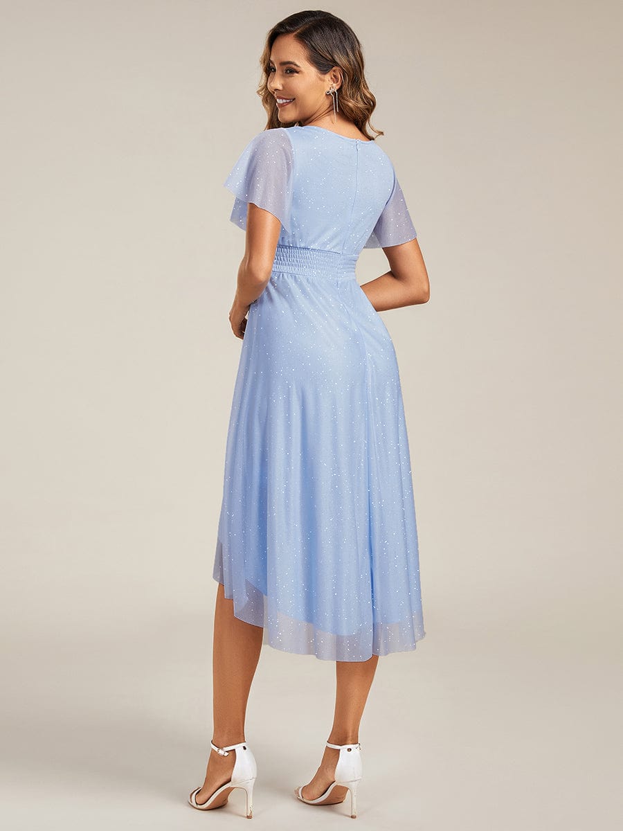 Short Sleeves Round Neck Asymmetrical Midi Wedding Guest Dress #color_Ice Blue