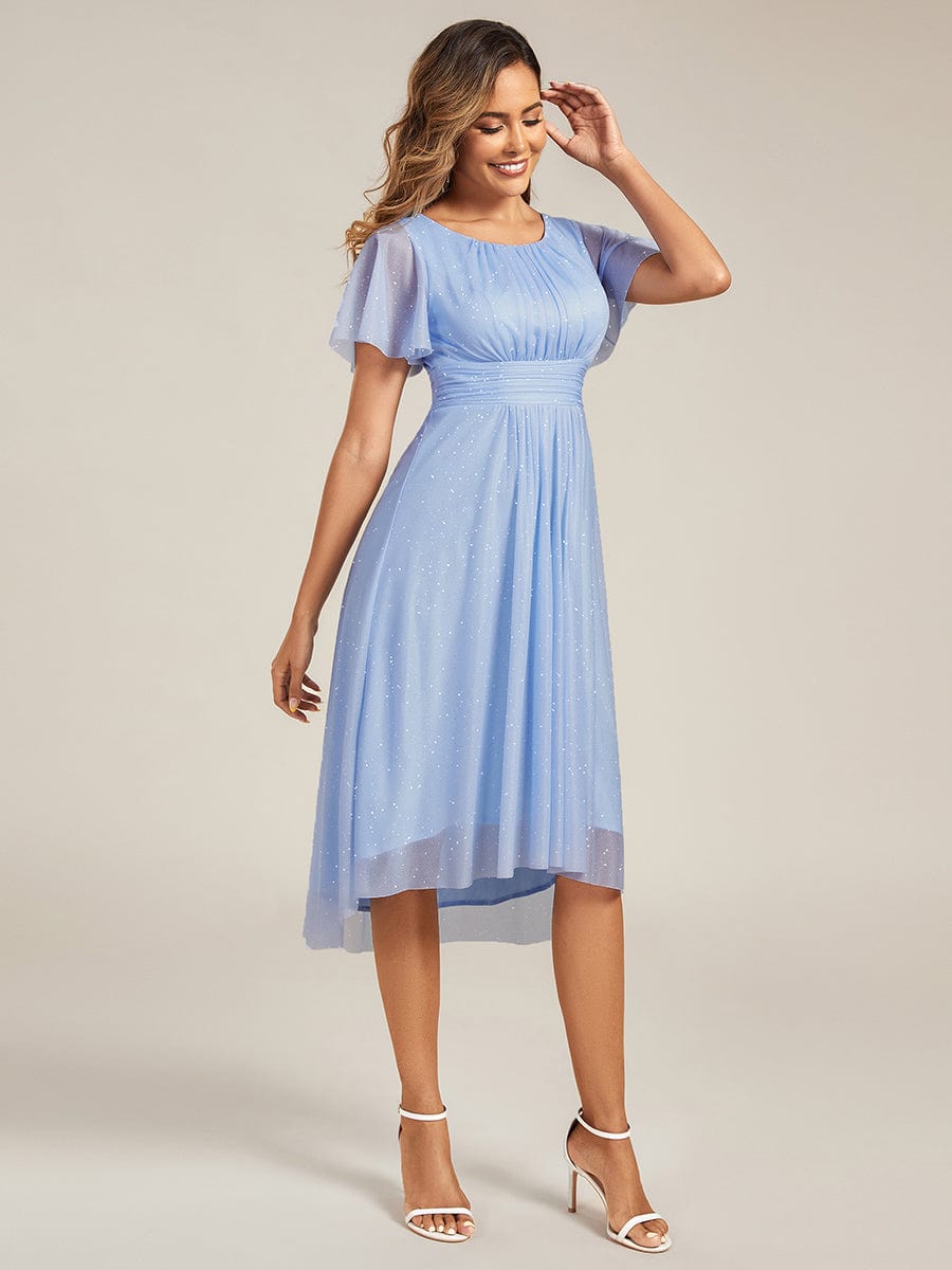 Short Sleeves Round Neck Asymmetrical Midi Wedding Guest Dress #color_Ice Blue