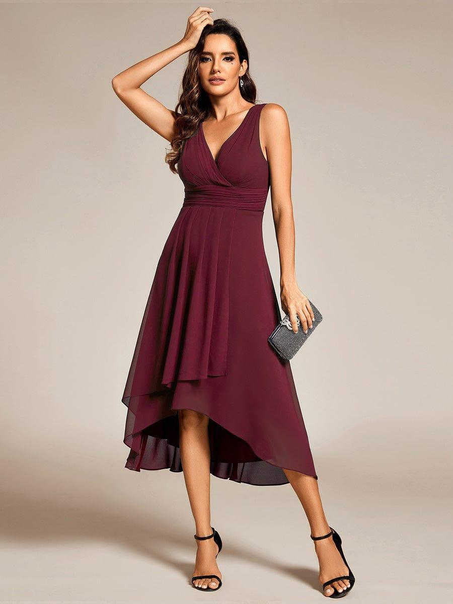 Chic V-Neck Pleated Sleeveless High-Low Chiffon Wedding Guest Dress #color_Burgundy