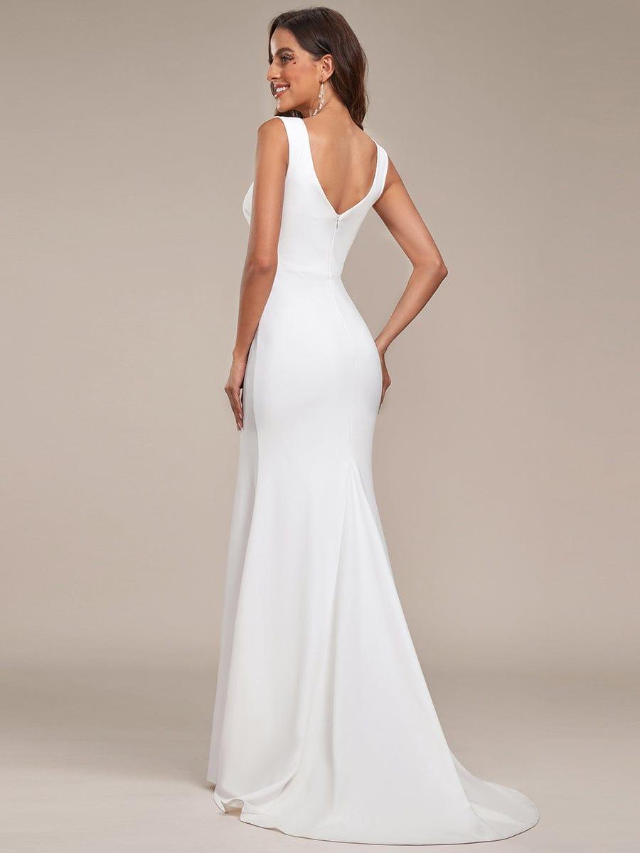 Ruched Bodycon Deep V-Neck Sleeveless Simple Wedding Dress #color_White Ruched Bodycon Deep V-Neck Sleeveless Simple Wedding Dress