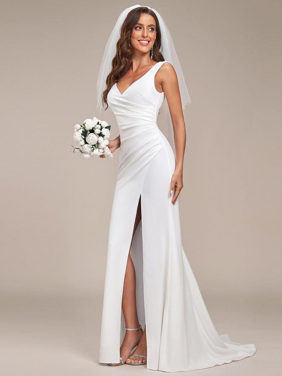 Ruched Bodycon Deep V-Neck Sleeveless Simple Wedding Dress #color_White Ruched Bodycon Deep V-Neck Sleeveless Simple Wedding Dress
