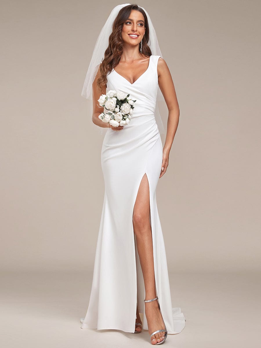 Ruched Bodycon Deep V-Neck Sleeveless Simple Wedding Dress #color_White